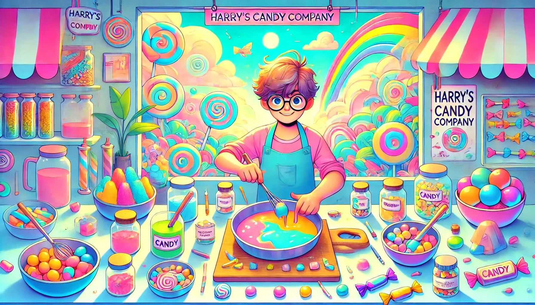 Illustration of Harry making colorful candy in the Harry's Candy Company kitchen